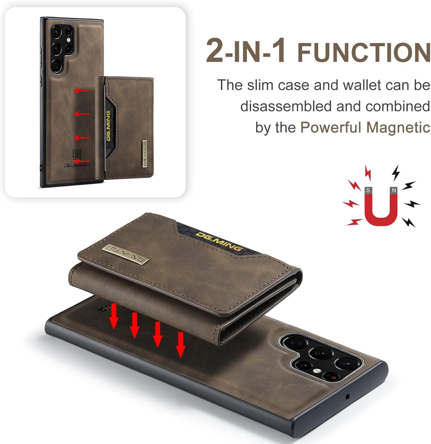 for Samsung Galaxy S22 Ultra Leather Wallet Case 2 in 1 Magnetic Detachable Back Protection Cover Slim Phone Case with Card Holder Bag Coffee