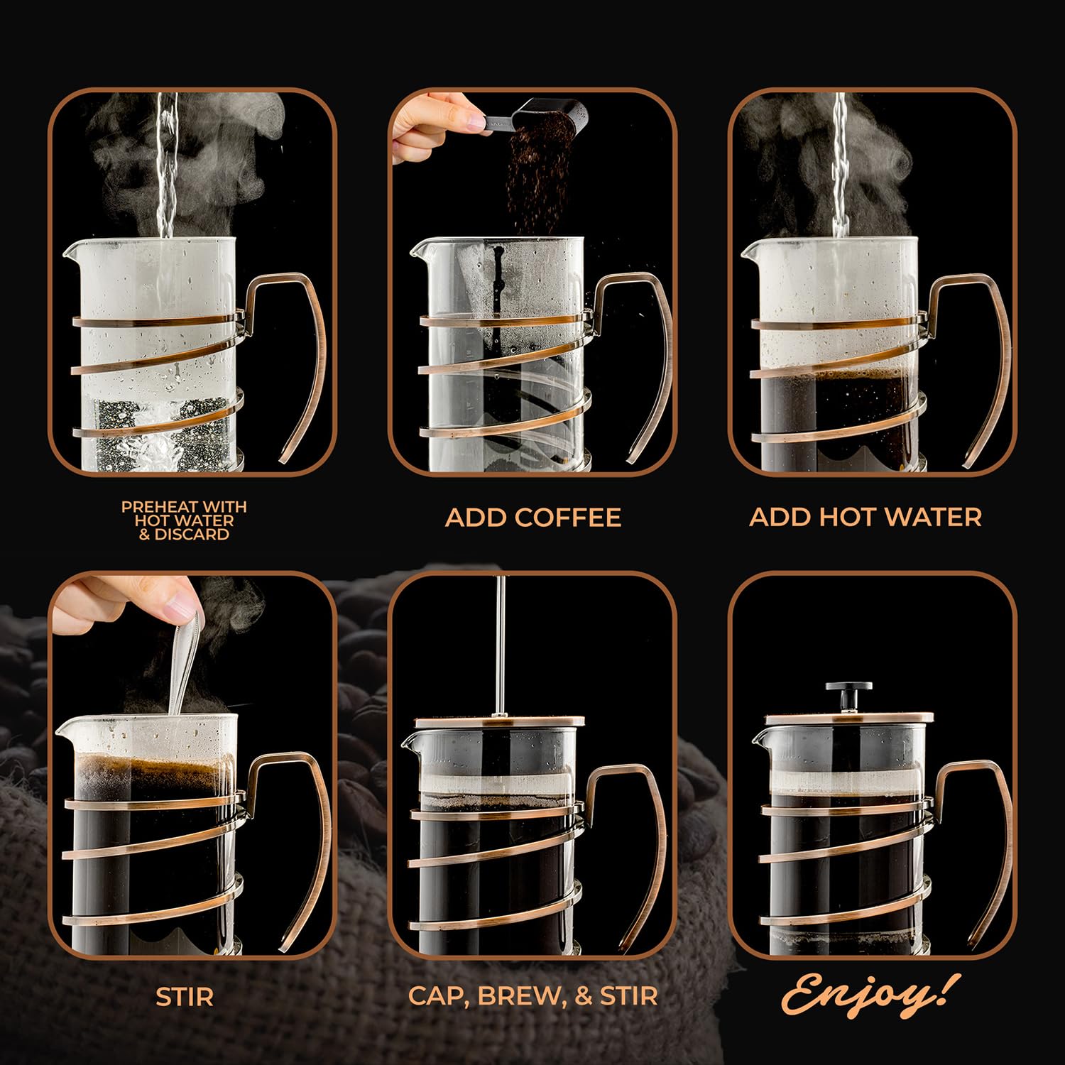 OVENTE Cafetera de prensa francesa de vidrio, 27 onzas con émbolo de filtro de acero inoxidable, preparación caliente o fría, prensa de café de viaje sin BPA, cafetera y té lista para acampar, cobre