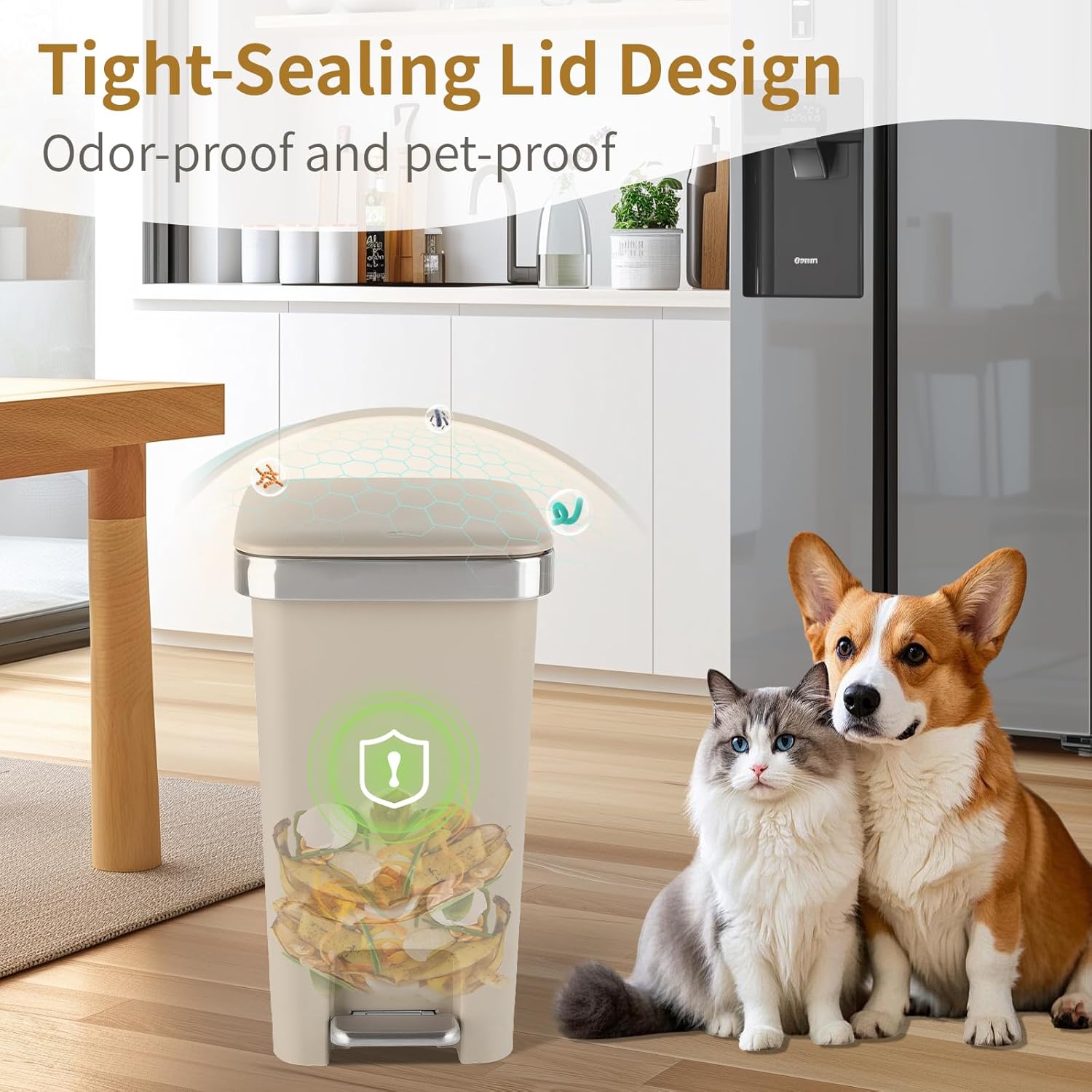 Small Bathroom Trash Can with Lid and 3 Rolls Trash Bags, Step Pedal Wastebasket Plastic Garbage Can with Pop-Up Lid 2.6 Gallon Bin for Kitchen, Bedroom, Office, Dorm, Laundry, Toilet, Rv,Khaki