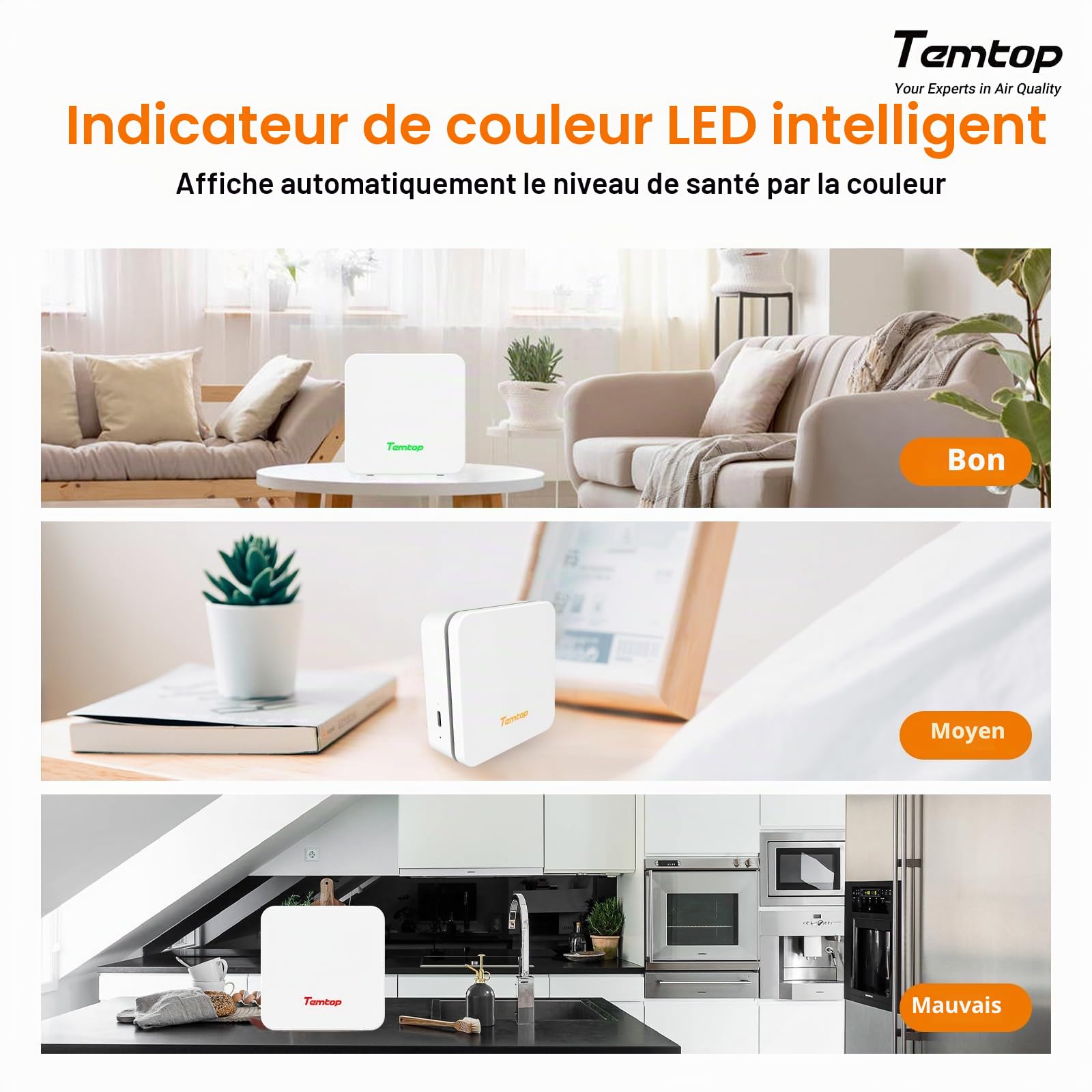 Temtop Moniteur de Qualité de l'air P2 - Mesure Précise des PM2,5 PM10 CO2 Température et Humidité pour Maison Bureau, Avec Affichage AQI et Application Bluetooth