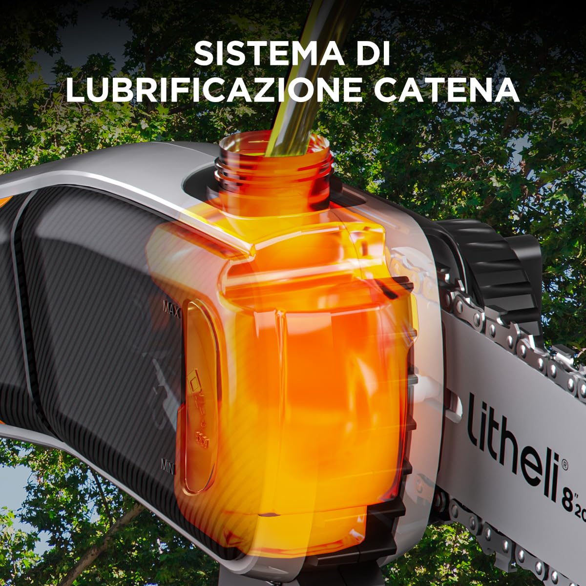 Litheli Pulsante Alto a Batteria U20 - Sega Elettrica da 8 Pollici, Trimmer Con Velocità di Taglio 8 m e Batteria 10000 mAh per Tagliare Rami, Potare