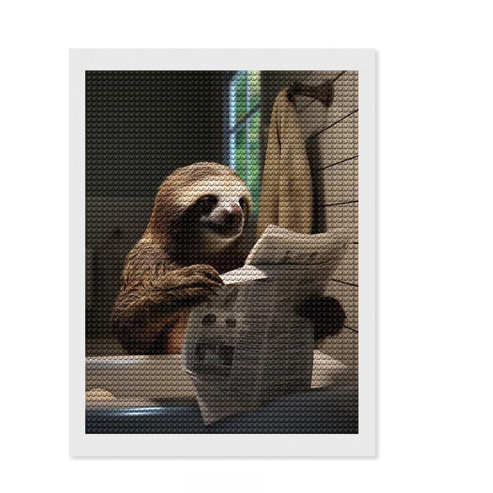 Junmoney Sloth on The Toilet Flash Diamond Painting Kit 12"x16", Mindful Craft Activity, Neat Printed Canvas, Modern Decor, Gift Idea, Adhesive Canvas