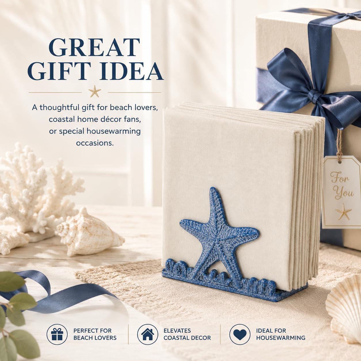 Comfy Hour 5.1" X 3.8" Heavy Duty Cast Iron Starfish Napkin Holder, Decorative Nautical Coastal Decor Kitchen Table Countertop, Weighted Ocean Beach Theme Napkin Dispenser for Patio, Picnic, Blue