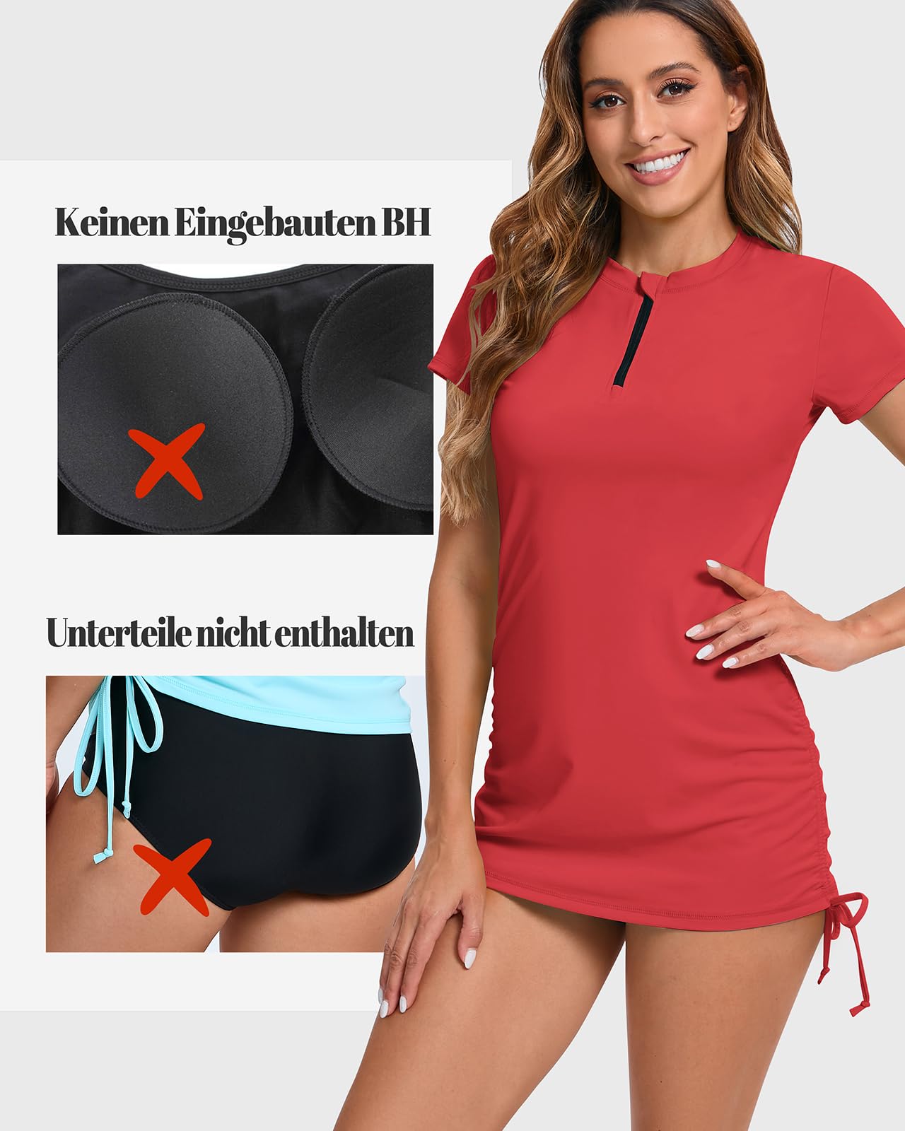 Camiseta de surf para mujer, manga corta, cremallera 1/4, protección UV, con dobladillo ajustable, UPF 50+