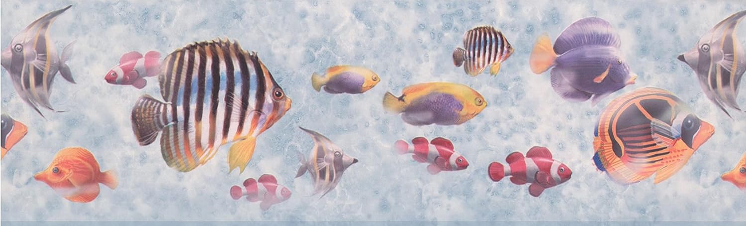 CONCORD WALLCOVERINGS ™ Nautical Fish Parade Wallpaper Border, 7" x 15' Vibrant Tropical Fish for Nurseries, Prepasted Washable Vinyl, Ocean Blue Background #SG4002B