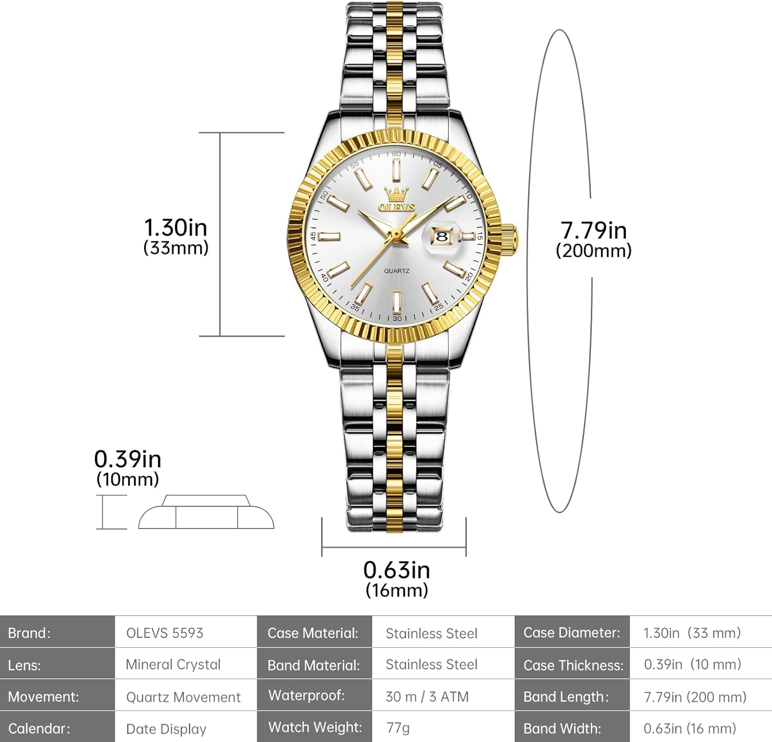 OLEVS Women's Stainless Steel Watch, Luxury Gold Silver Two Tone Easy to Read Analog Quartz Dress Watch for Women, Elegant Waterproof Luminous Calendar Date Ladies Watches for Small Wrists 02-White Dial/Two Tone Bracelet image 6 of 9 B0D2JDW6H7