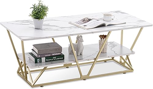 ivinta Mesa auxiliar con almacenamiento, mesa central blanca moderna con mármol sintético y marco dorado para espacios pequeños, mesa rectangular de