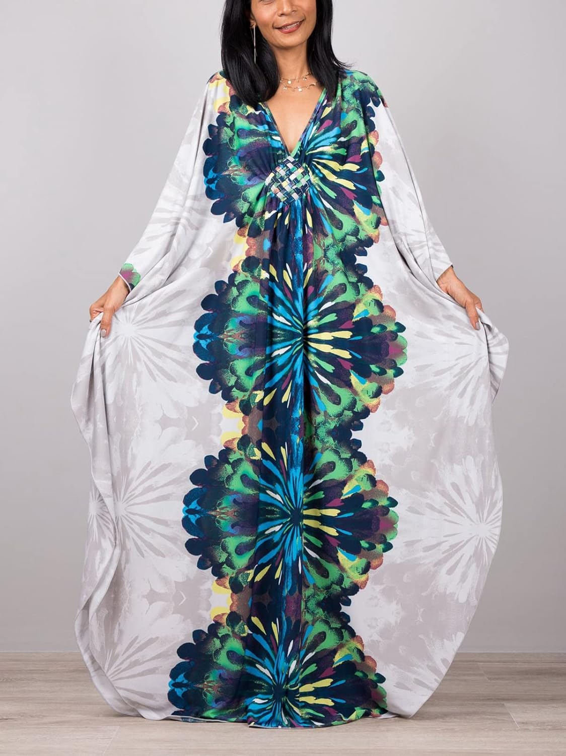 Beach Cover ups Women's Fireworks kaftan Turkish caftan Silk Wrinkle Et`hnic Print Plus Size kaftans Floral Print Batwing Sleeve Over Sized Caftans Lounge wear Maxi Beach Dress 8693-21