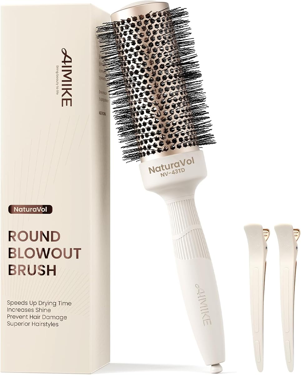 AIMIKE NaturaVol Round Brush for Blow Out, 1.7" Medium Brush for Fine Hair | Nano Thermal Ceramic Barrel. Ideal for shoulder-length to long hair, blow drying, smooth curls, and volume. Includes 2 Clips