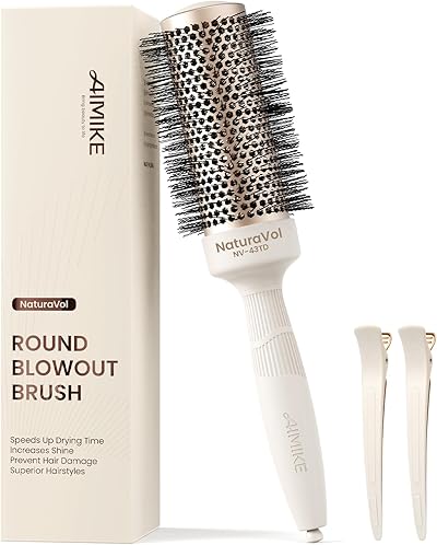 AIMIKE Rundbürste zum Föhnen, NaturaVol Medium Runde Haarbürste, für Blow Drying & Styling, Boost Volumen & Glätte, mit 2 Clips (43mm Fass, 63mm mit Borsten)