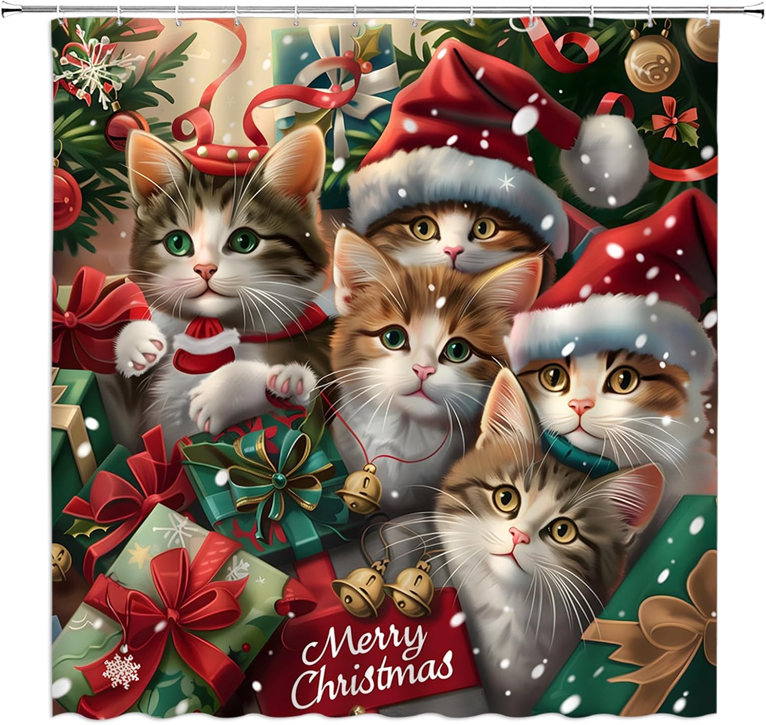 Christmas Shower Curtain Cute Cat Santa Claus Cat Snowy Xmas Winter Holiday Funny Fabric Bathroom Decor Curtains with Hooks,Green,Red