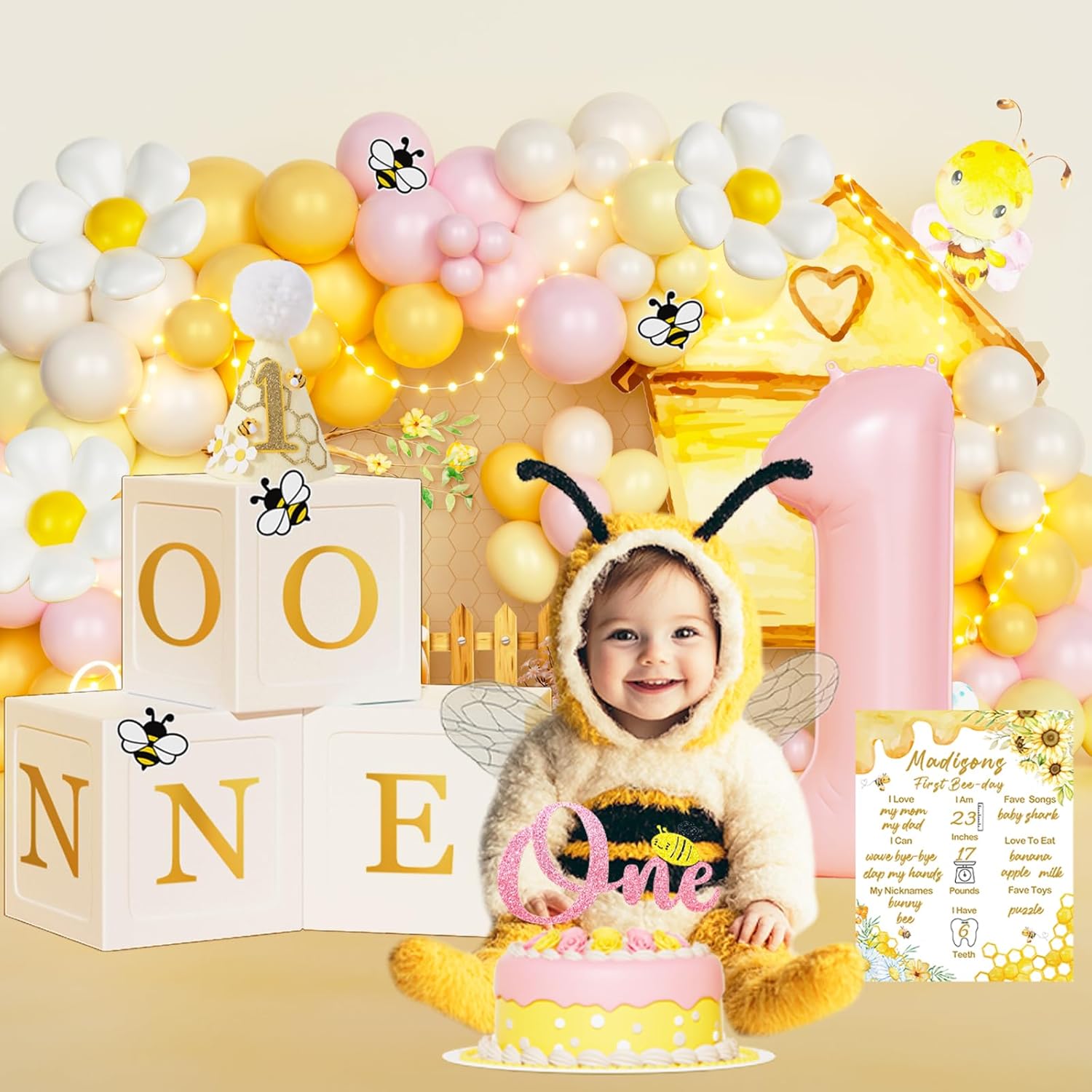 First Bee Day Decorations Girl – 108PCs Honey Bee Themed 1st Birthday Party Supplies with So Sweet to Bee One Backdrop, Banner, Pink Yellow Balloon Garland Kit, Tablecloth