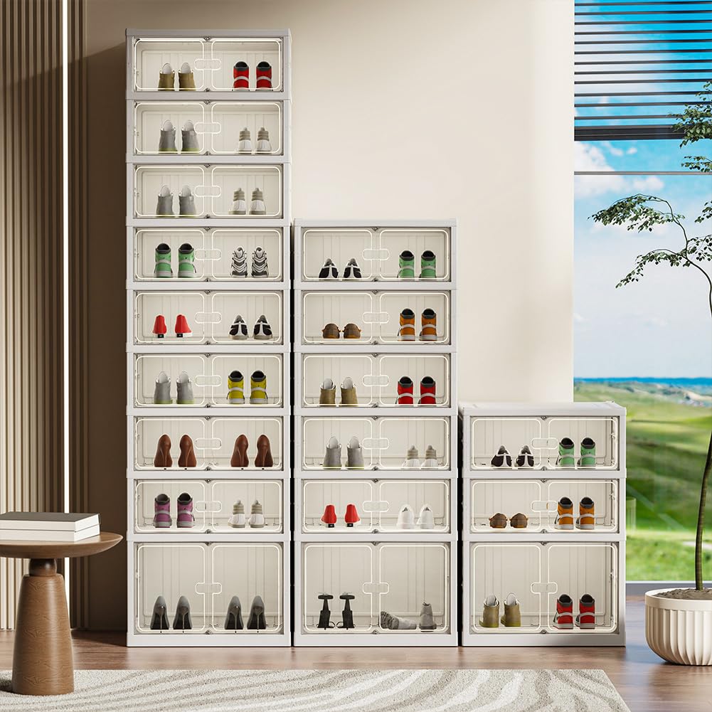PortoAlegre Schuh Boxen Faltbar, 6 Tier Zusammenklappbares Schuhregal aus Kunststoff mit Magnetischer Tür für 18 Paar Bis Größe 46, Staubdicht Schuhregale für Wohn und Schlafzimmer,Eingang zur Haustür