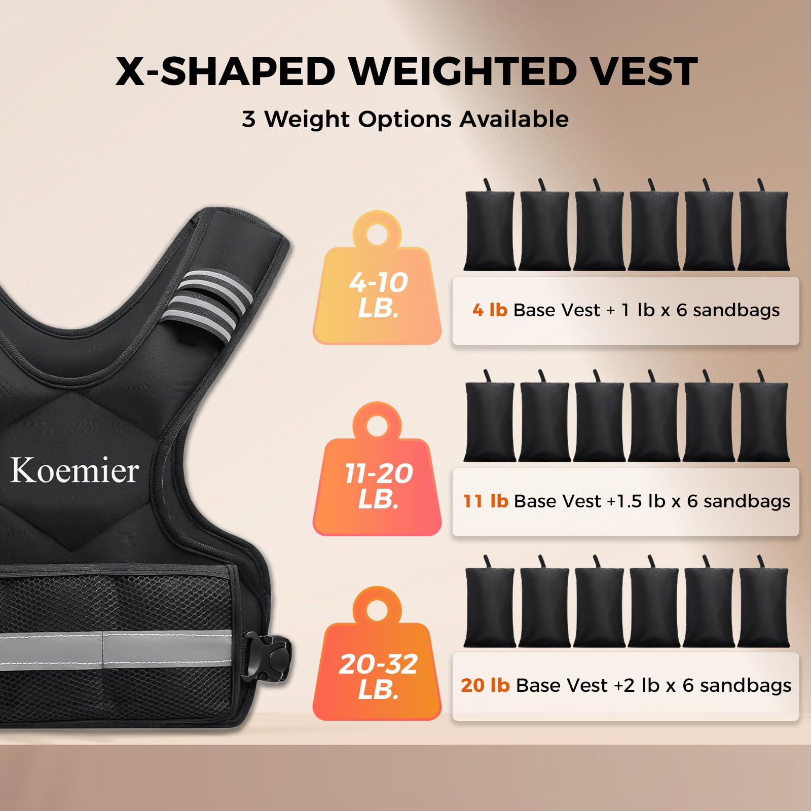 Chaleco con peso ajustable para hombres y mujeres, 1.8-4.5 kg/5.4-9.1 kg/9.1-14.5 kg con 6 pesos de arena de hierro con rayas reflectantes para entrenamiento de fuerza, correr, fitness