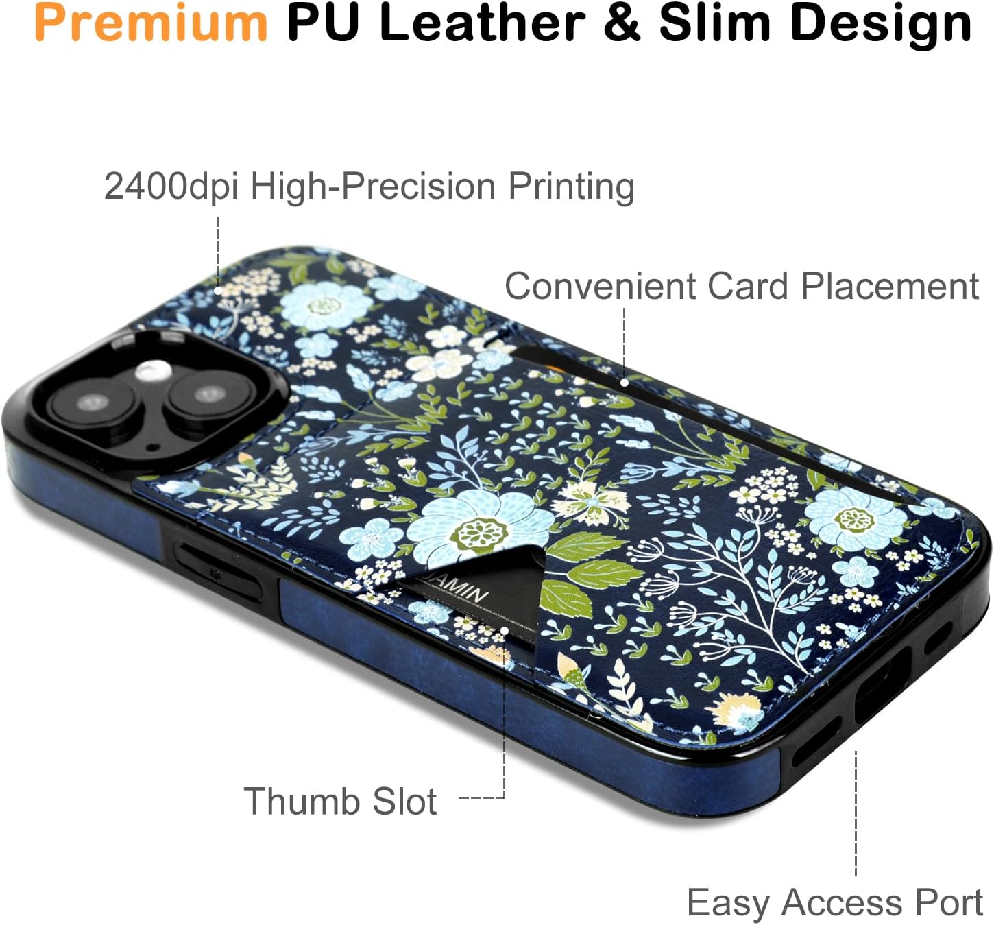 uCOLOR for iPhone 13 14 15 Case with Card Holder- Slim Leather Wallet Case Credit Card Holder Drop Protective Hidden Card Slot for Woman Girls(Blue Daisy, iPhone 15/14/13) - Image 4