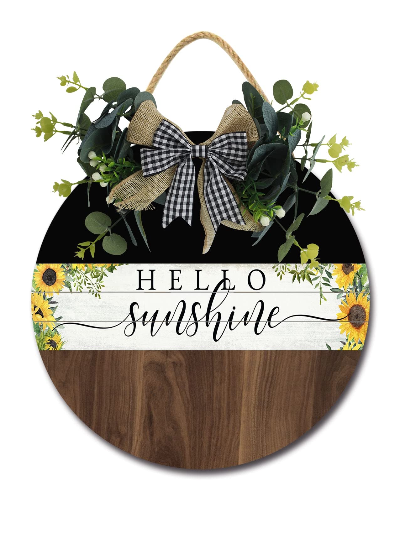 Hello Sunshine Front Door Sign Funny Wreaths Hanging Wooden Plaque Decoration Round Rustic Wood Farmhouse Porch Decor for Home Front Door Decor, 12 x 12 Inch