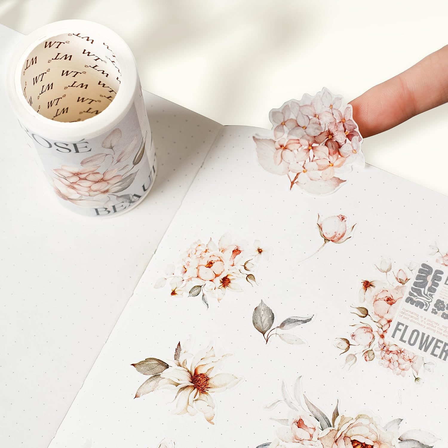 WT Pre-Cut Sweet Rosé Wide Washi Tape, Single Roll, Original Designs, Dreamy Rose Motifs & Subtle Handwritten Accents, Decorative Japanese Paper Tape for Journaling, Scrapbooking, Planner, DIY Crafts
