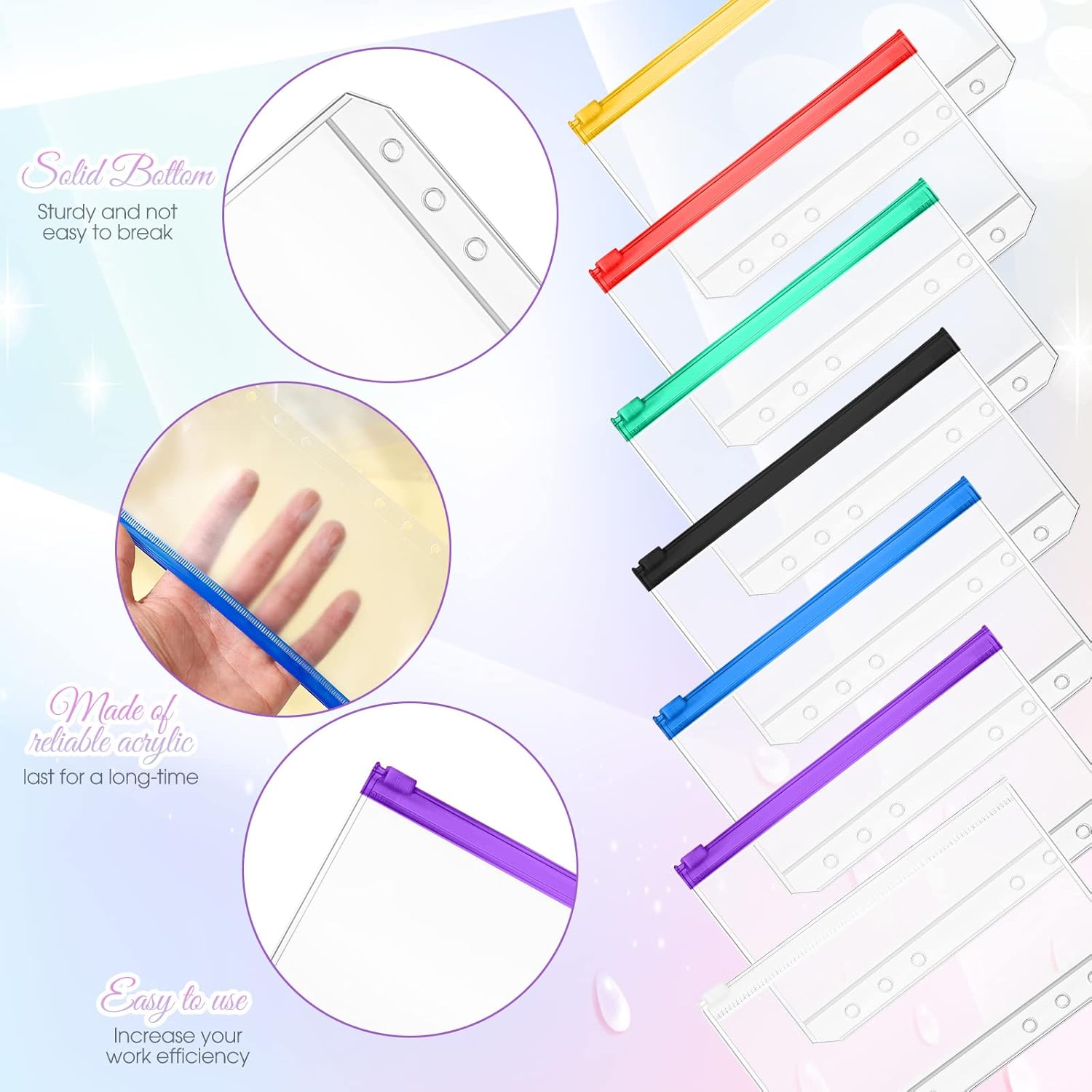 Sherr 108 Pcs A6 Size Binder Pockets 6 Holes Budget Cash Envelopes for Budgeting Waterproof PVC Budget Binder Receipt Organizer Multicolor Pouch Clear Zipper Folders Loose Leaf Bags for Document Files