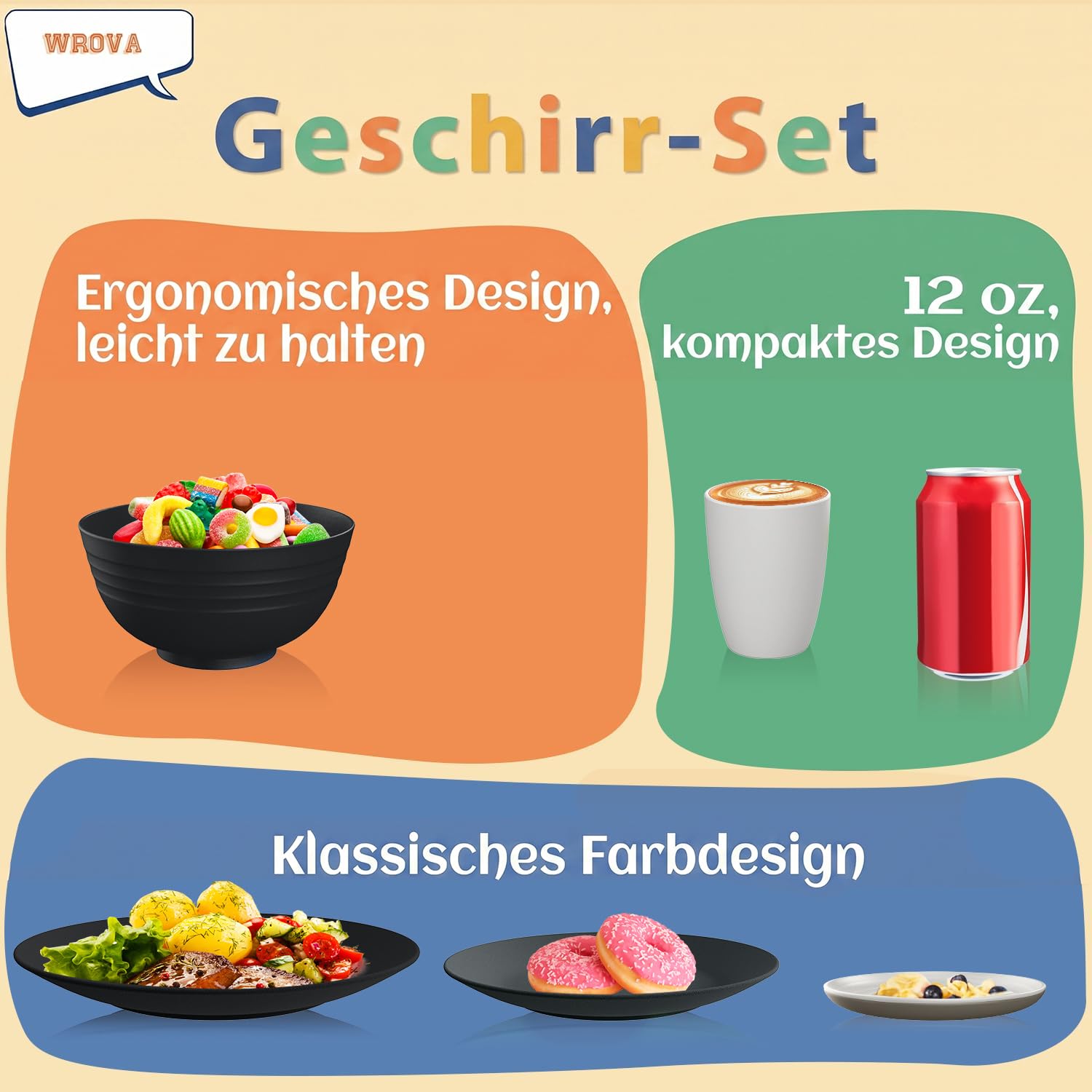 Wrova Set di stoviglie in plastica, 40 pezzi, leggere, per 8 persone, riutilizzabili, lavabili in lavastoviglie e adatte al microonde, servizio da tavola per cucina, matrimonio, grigio pietra