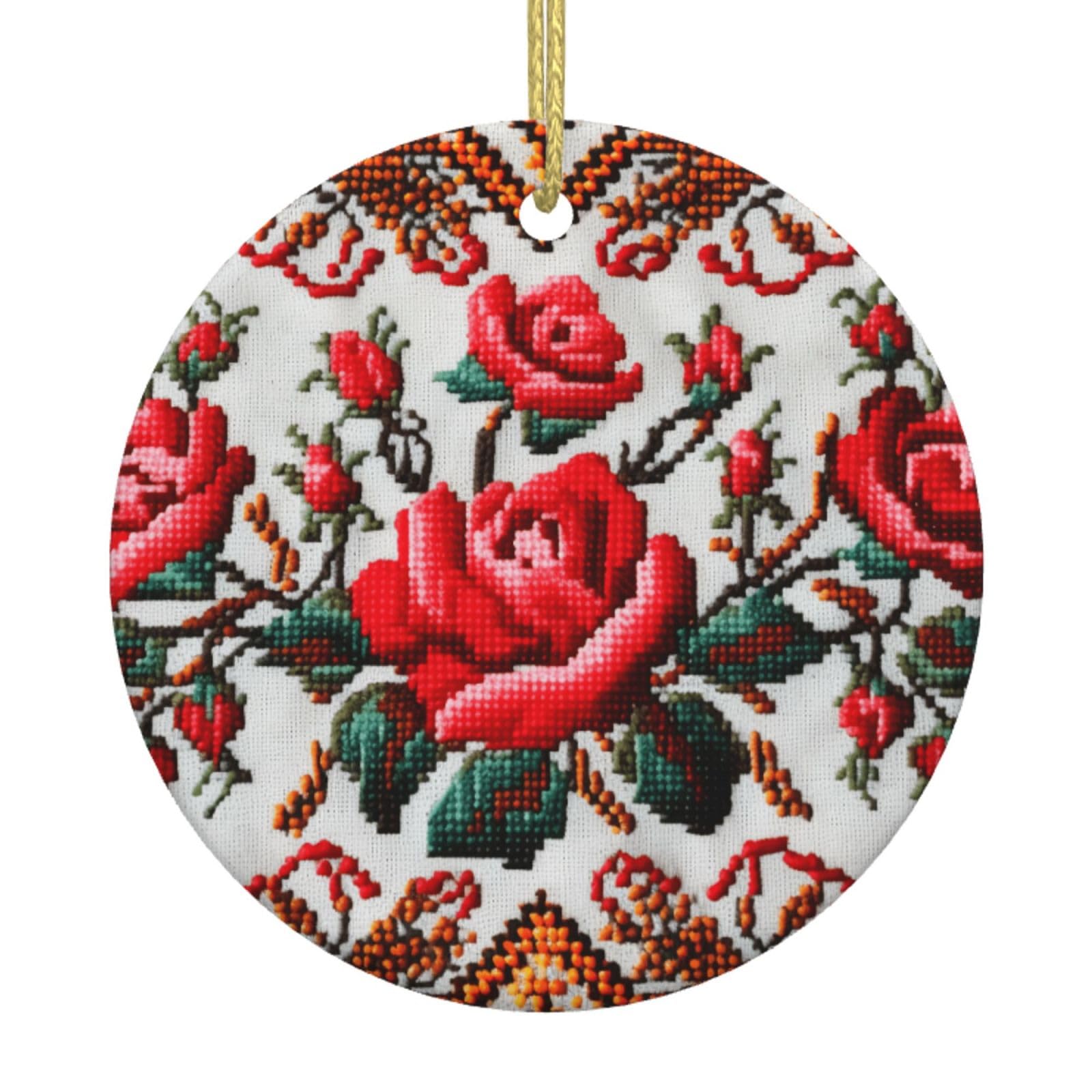 Denmer Ukrainian Embroidery Style Rose Printed Christmas Tree Ceramic Hanging Ornaments With Hanging Strings, Round-Shape Ceramic Wall Hanging Xmas Tree Decorations