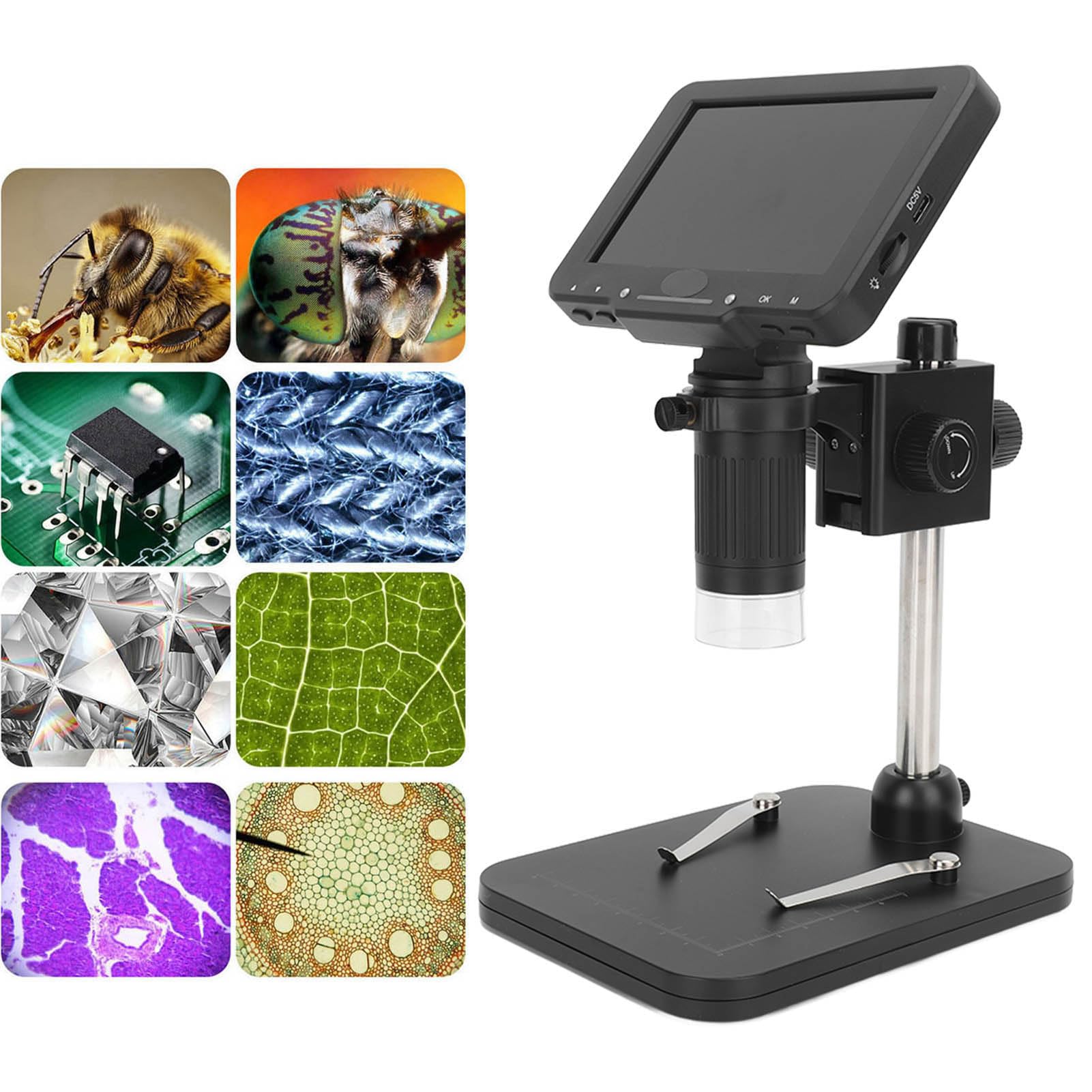 Microscope Numérique 1000x - Ecran LCD 5,5" HD 1080P - 8 LEDs - Inversé - Avec Support - Neuf