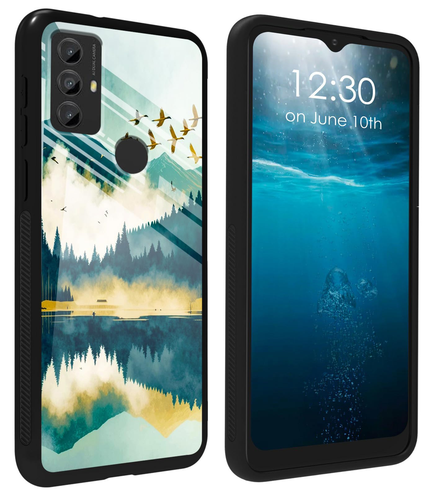 BPQOJB for Moto G Play 2023 Phone Case with Mountain Forest Tree Pattern Design Printed Glass Back Case Slim Soft TPU Shock Protective Phone Cover for