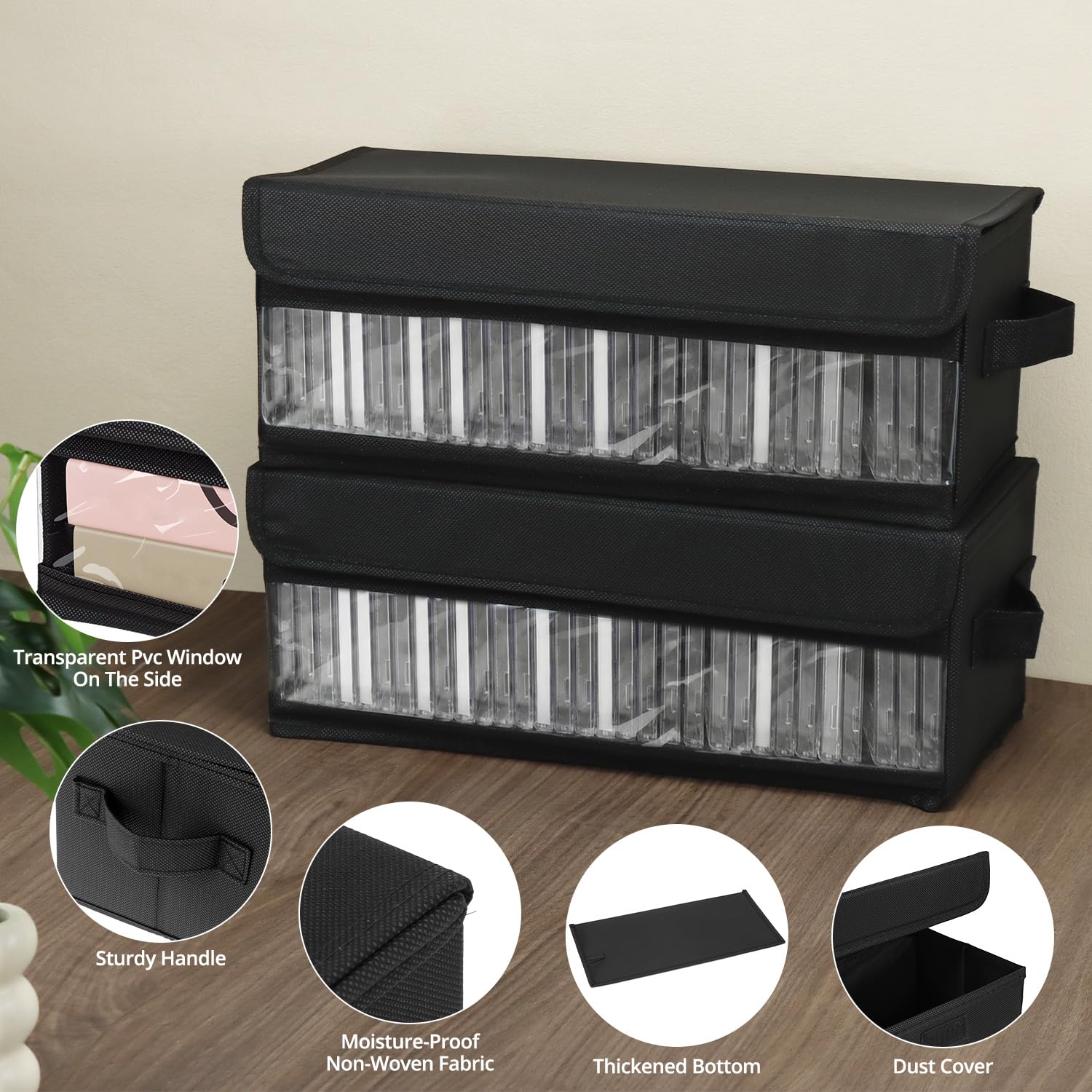QWORK® Confezione da 2 Scatole Porta CD, 36x14x6 cm, Organizer in Tessuto Nero per 30 Standard per CD, 60 Custodie Slim o 165 Custodie Porta CD