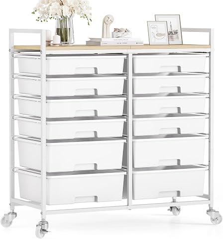 TOOLF 12-Drawer Rolling Storage Cart with Wooden Top, White
