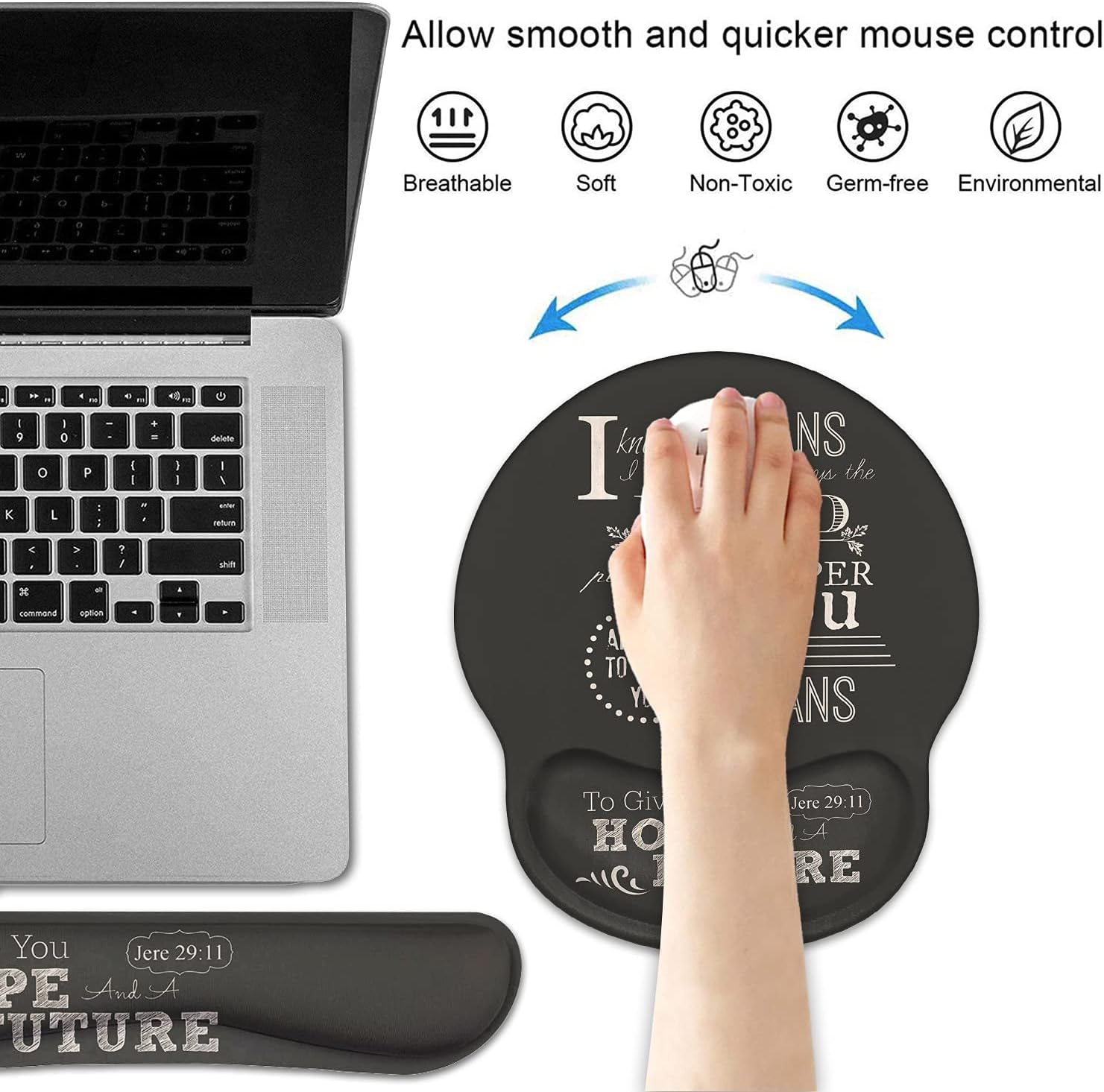 Keyboard Wrist Rest and Mouse Pad Wrist Support Set with Coasters, Non-Slip PU Base, Easy Typing and Relieve Wrist Pain, Perfect for Home Office Working Studying, Quotes Bible Verse Jeremiah 29:11