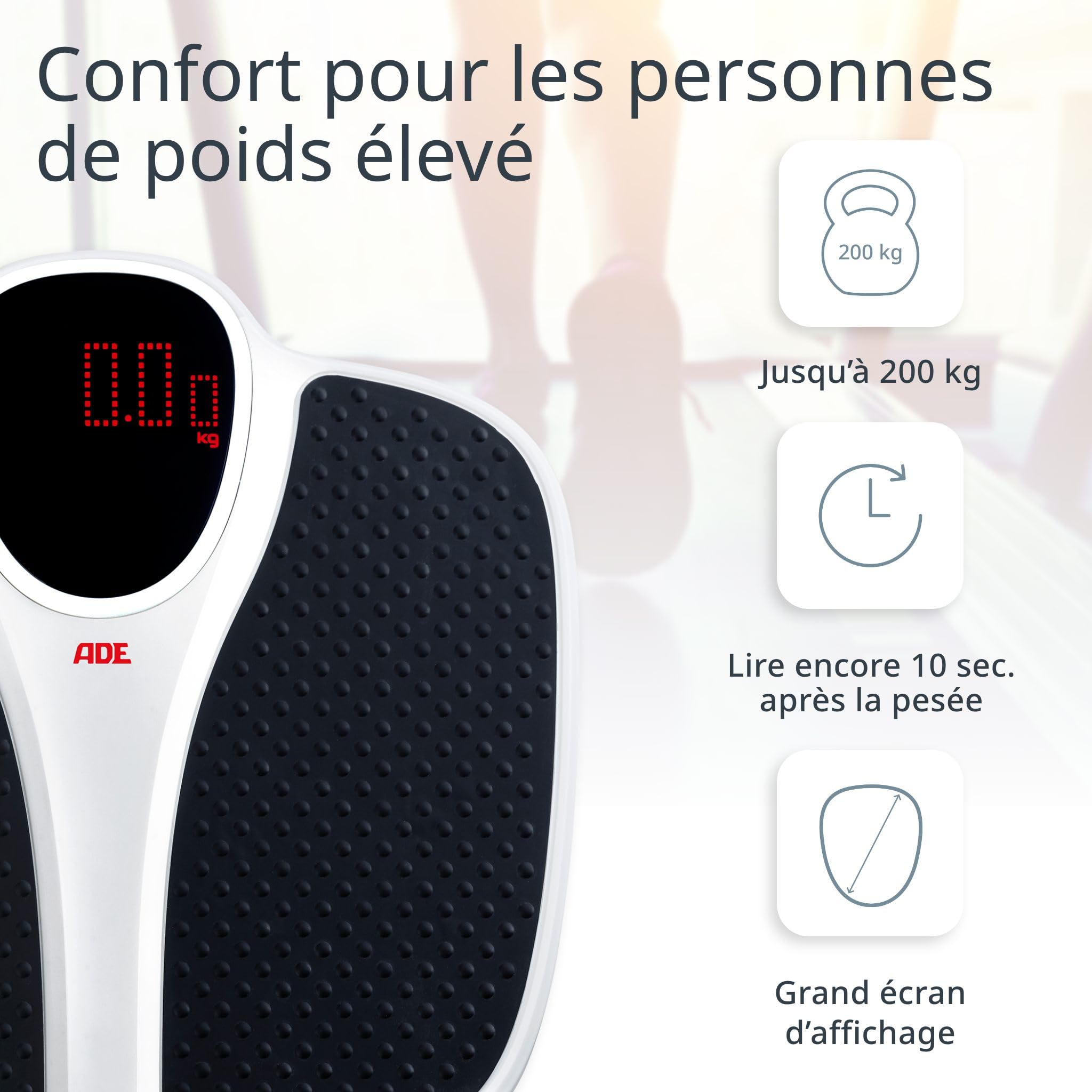ADE Pèse-personne numérique | Jusqu'à 200 kg | Surface de pesée extra large et antidérapante | Pèse-personne pour personnes âgées avec grand écran à matrice de points rouges