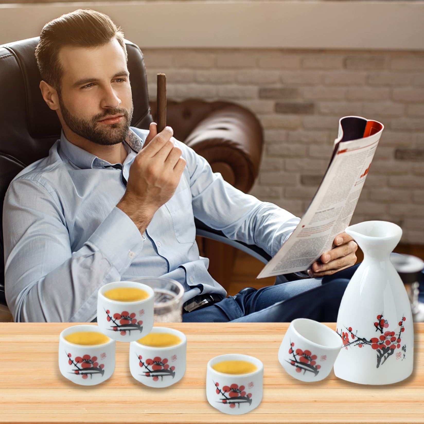 Floral Design Sakeware Japanese Sake Set - Ceramic Tokkuri Bottle