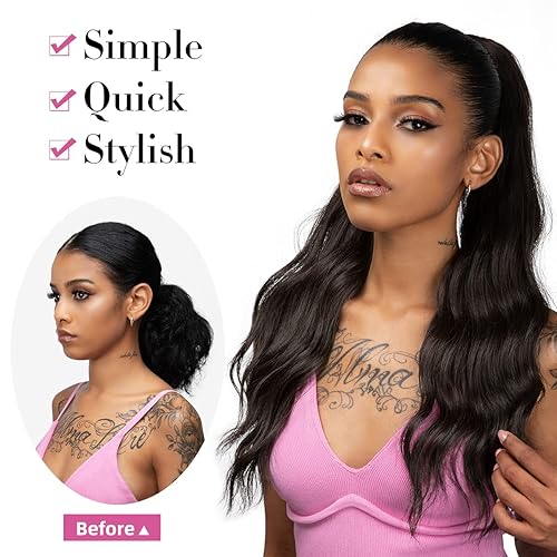 Miniatura 5 de Extensión de pelo largo con cordón para cola de caballo ondulado, 22 pulgadas, sintético, en capas, para mujer, color negro y marrón