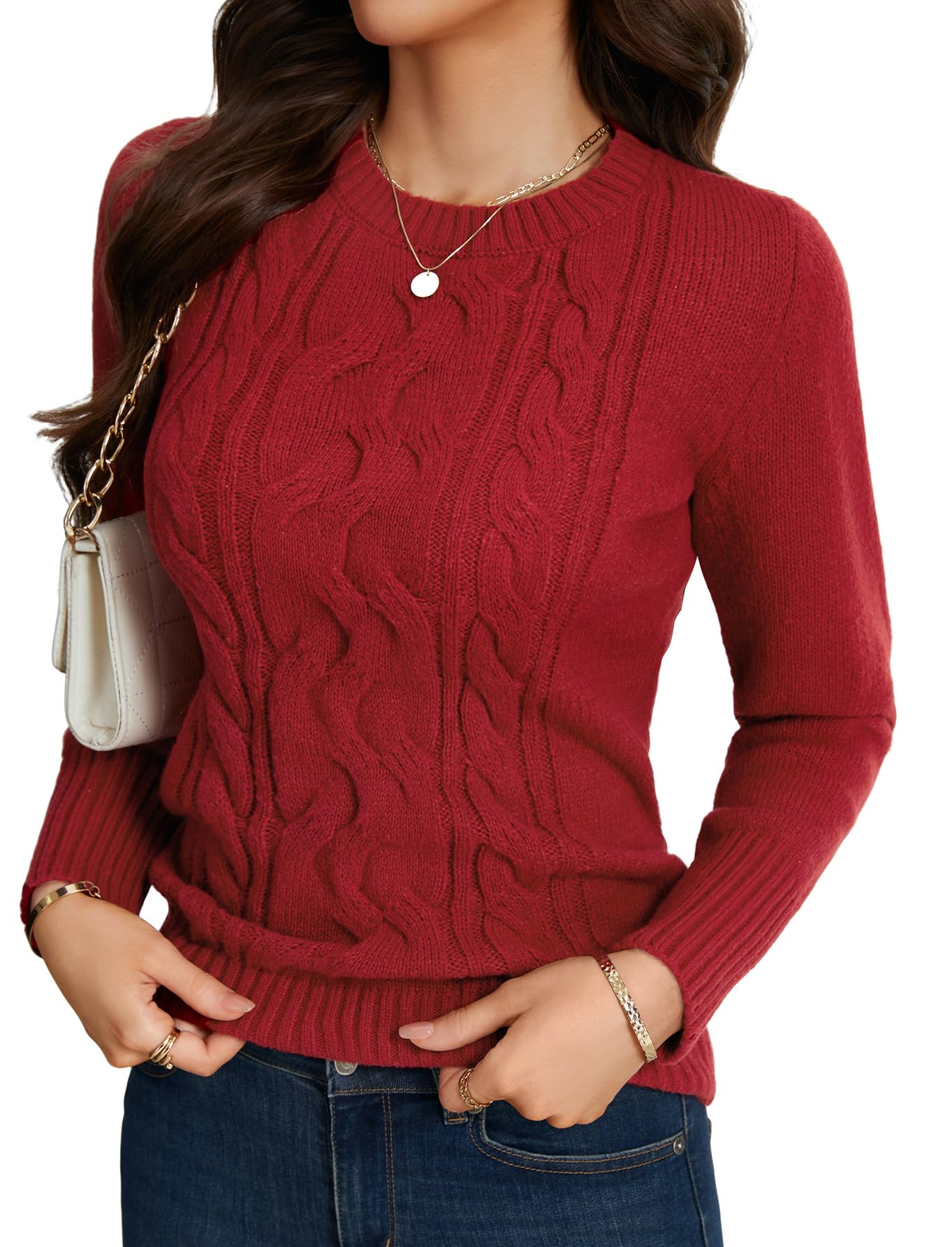 Womens Cable Knit Long Sleeve Crew Neck Slim Fit Elegant Pullover Sweater Tops