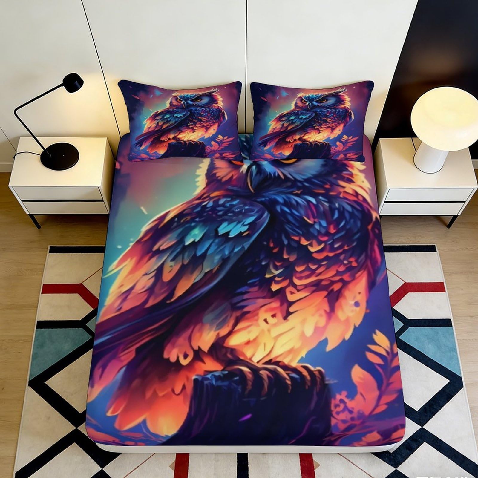 3D Printed Fire Phoenix Fitted Sheet Microfiber Vibrant Owl Mattress Cover for Bedroom Dorm Youth Decor 90x200x25cm