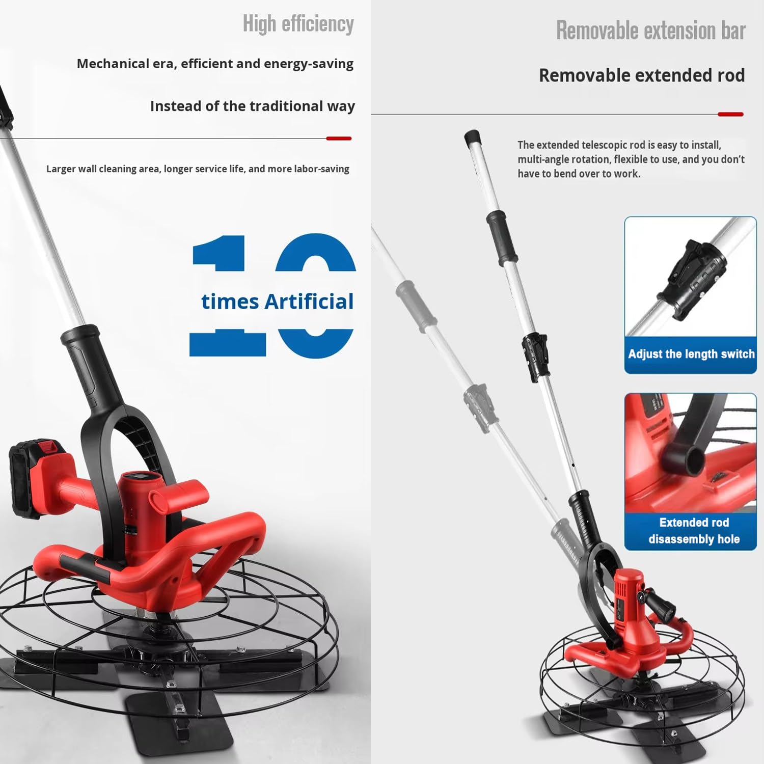 Alisadora eléctrica cemento 1680W rango 280-2800 rpm 1battery | 46cm, 6 vel, luz LED, mango largo,5 discos,pulido en seco/húmedo,acabado superior en paredes,para reformas y vialidad