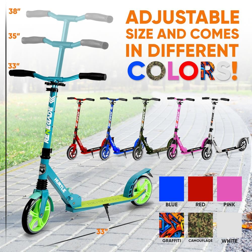 Hurtle Patinete de Ciudad con Ruedas XXL, Plegable hasta 100 kg, Altura Ajustable con Correa, Freno de Pedal y Soporte para Viajes Escolares, Ocio y Transporte Urbano, para niños, Adolescentes y