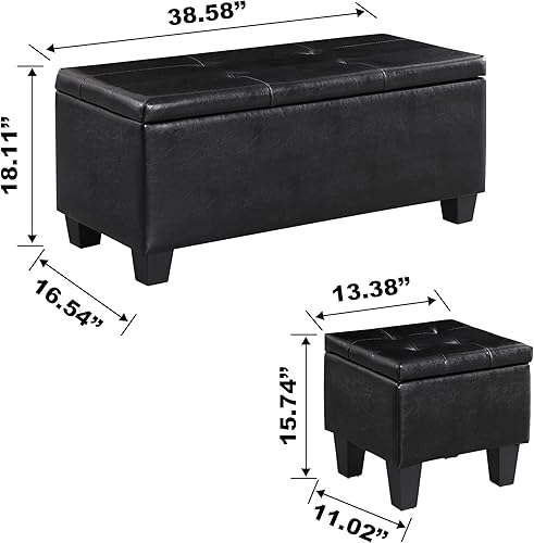 Miniatura 3 de Juego de otomana de almacenamiento y 2 reposapiés, banco tapizado capitoné de 38 pulgadas con asiento, taburetes otomanos rectangulares, parte