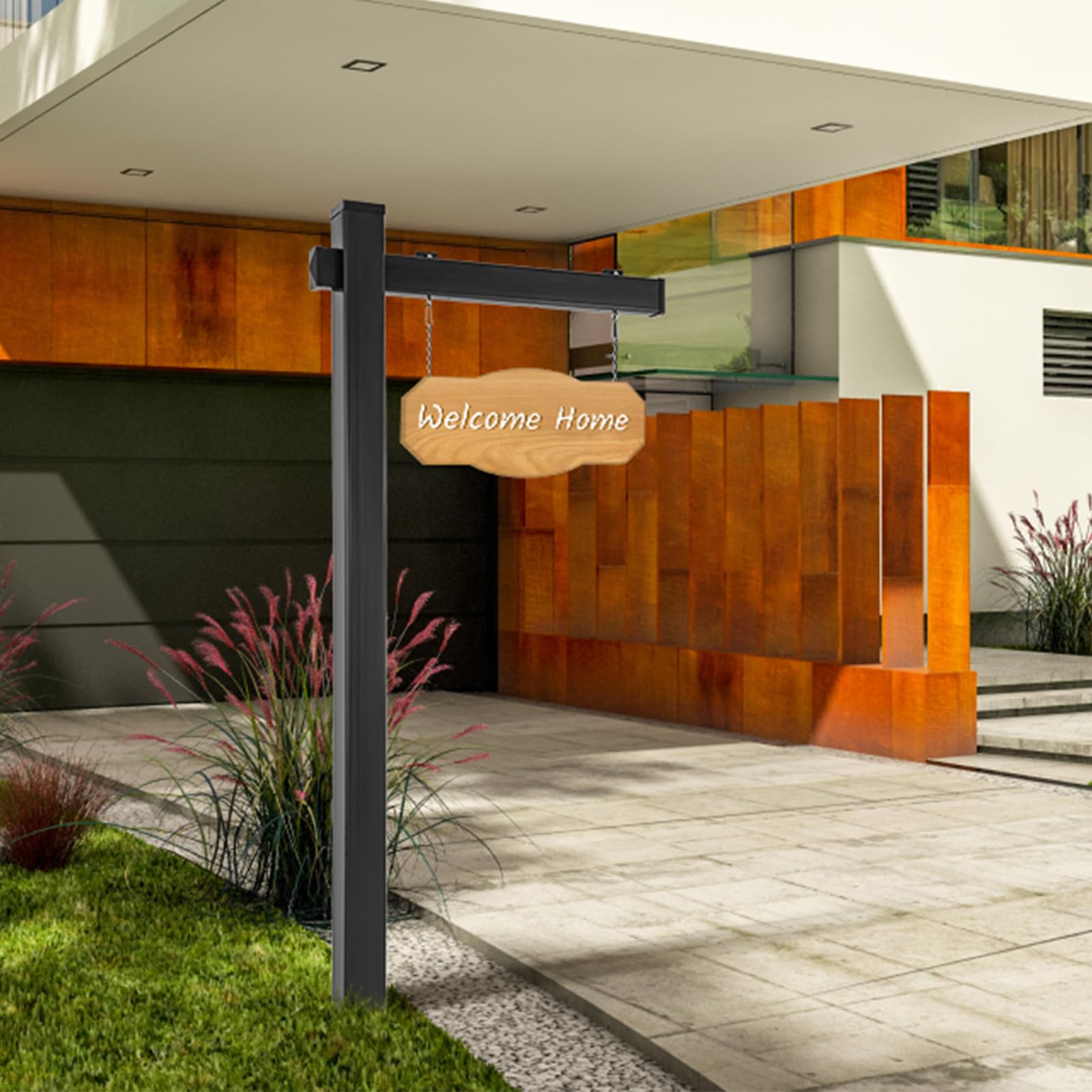 GOPLUS 183 cm Poste de Vinilo UPVC Inmobiliario, Poste de Letrero con Estaca de Acero, Brazo de 91,5 cm, Compatible con Carteles de Hasta 61 cm, Para Venta y Alquiler, Cartel No Incluido (Negro)