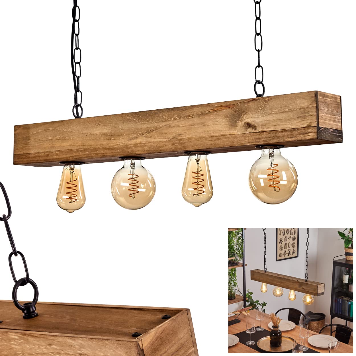 Pendant Light Berat, Elongated Hanging lamp Made of Metal/Wood in Black/Dark Brown, Modern Light with Wooden Beam, 4-Flame, 4 x E27, Without Bulbs