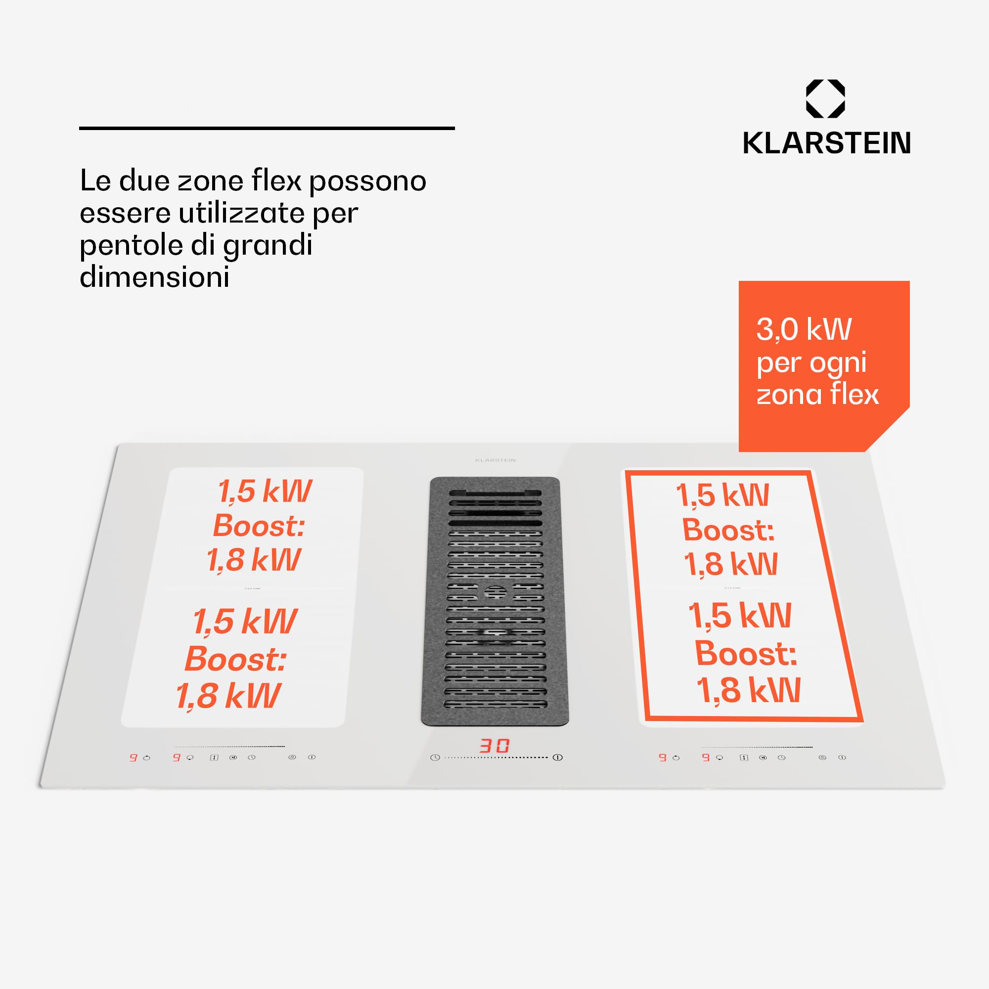 Klarstein - Piano cottura con cappa integrata, piano cottura 2 in 1 con cappa integrata per cucina a isola, flusso d'aria di 391 m³/ora, Touch Control, classe energetica A+