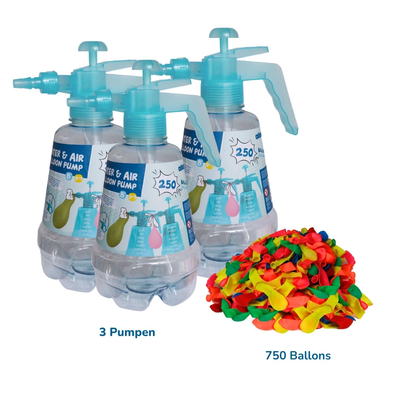 alldoro 68758 Ballonpumpe mit Wasserbomben 3er Set, 3 Wasserbombenpumpen je 1,5 L + 750 bunte Ballons, 2in1 für Wasser & Luft, ab 8 Jahre