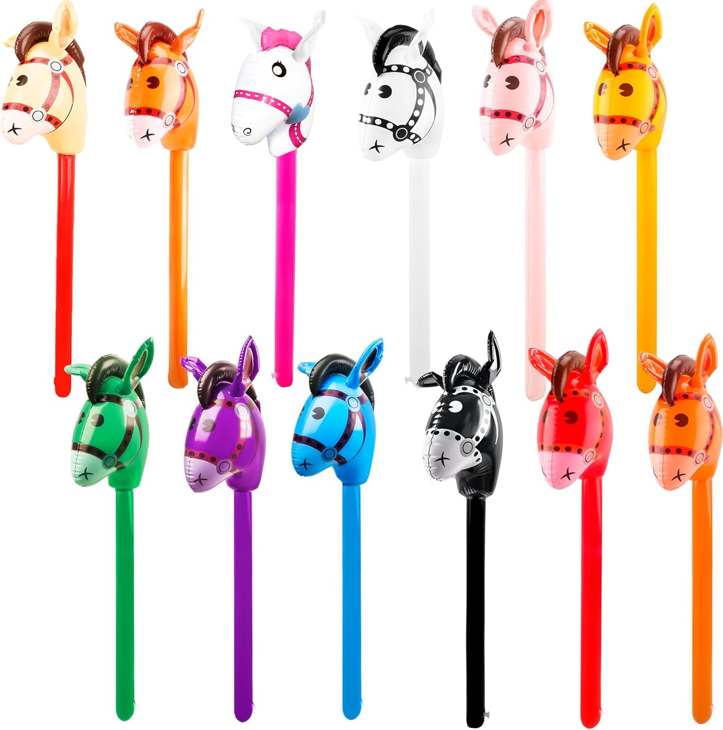 12 Pack Inflatable Stick Horse Bulk Colorful Inflatable Horsehead Stick Balloon Cute Blow Up Pony Stick for Kids Birthday Cowboy Horse Theme Party Supply, 6 Colors (Color Set 3)