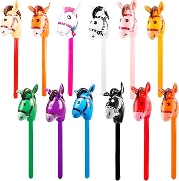 12 Pack Inflatable Stick Horse Bulk Colorful Inflatable Horsehead Stick Balloon Cute Blow Up Pony Stick for Kids Birthday Cowboy Horse Theme Party Supply, 6 Colors Color Set 3
