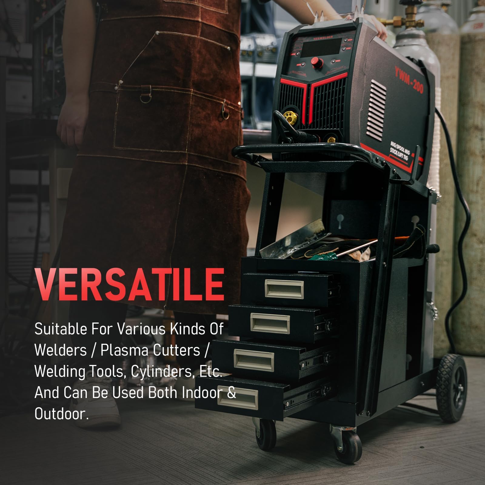 YESWELDER Welding Cart with 4 Drawers for MIG Welder TIG Welder and Plasma Cutter, Heavy Duty Large Storage 360° Rolling Welding Trolley