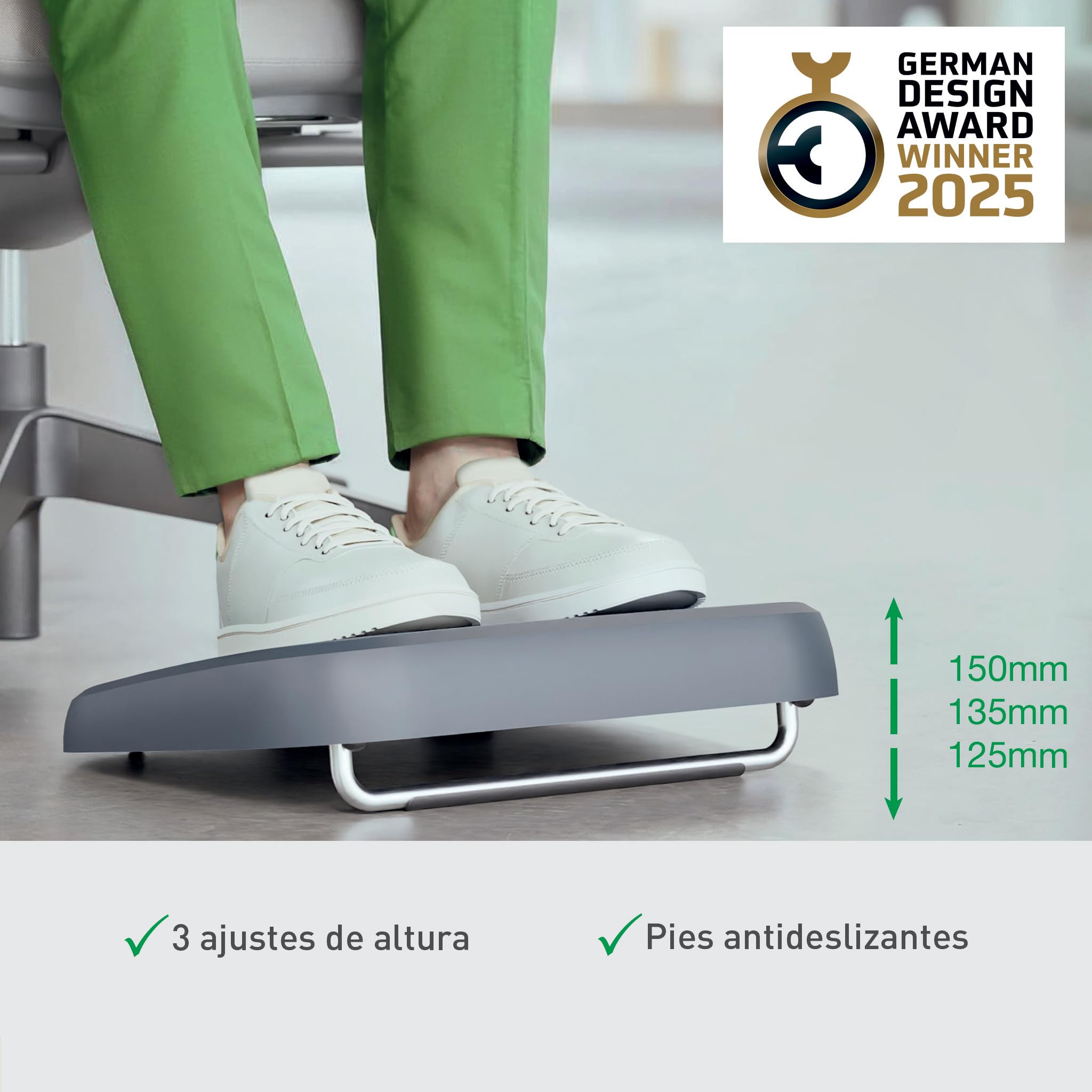 Leitz 65460089 - Reposapiés Ajustable Ergo, Tres Alturas Ajustables, 80% Plástico Reciclado Postconsumo y 100% Reciclable, Mejora la Postura y la Circulación Sanguínea, Gama Ergo, Gris Oscuro