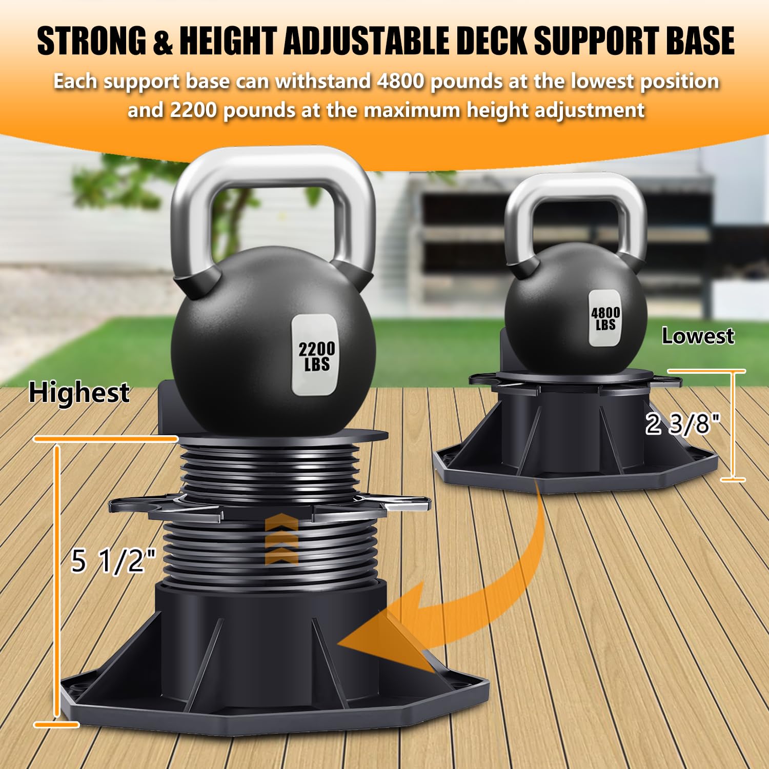 12Pack Adjustable Deck Support Pedestal Deck Foundation Base Support，Used for Floating Deck Platform Deck Floor Height Adjustment Raising, Adjustment Raising from 2-3/8 to 5-1/2, Black
