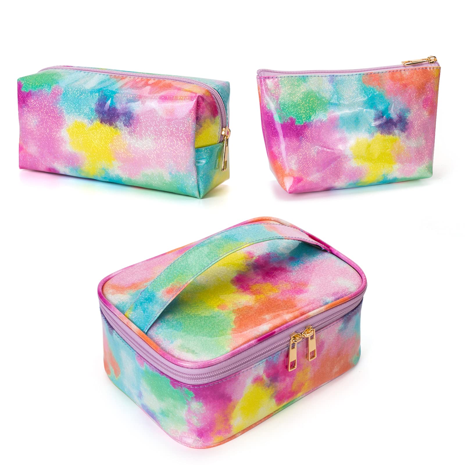 3Pcs Makeup Bags, Travel Toiletry Bag Waterproof PU Makeup Organizer Bag with Zipper Portable Beauty Cosmetic Bags for Women Girl (Multicolor)