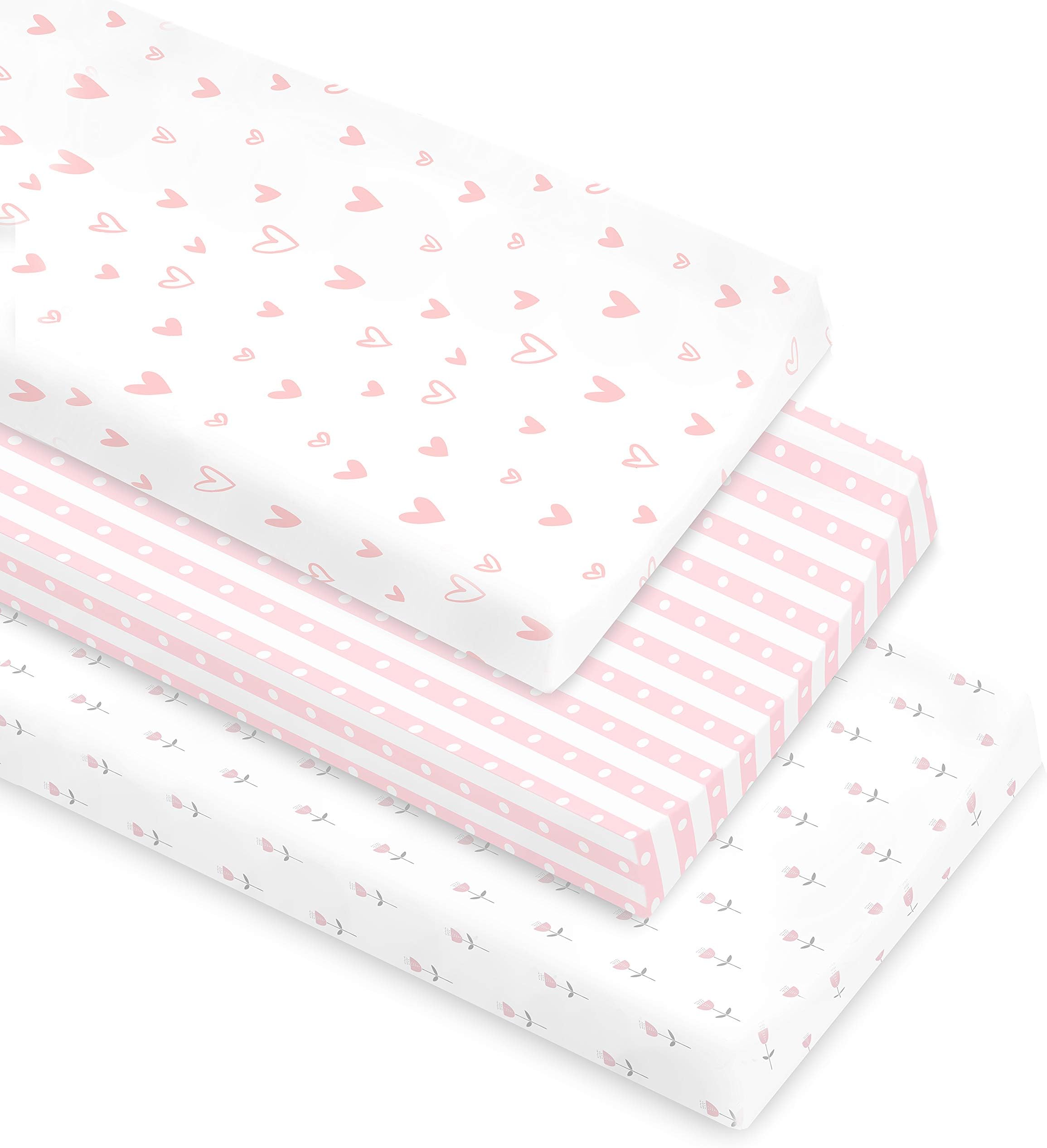 Pink/White Patterns 100% Organic Cotton Changing Pad Covers/Cradle Sheets 3 Pack