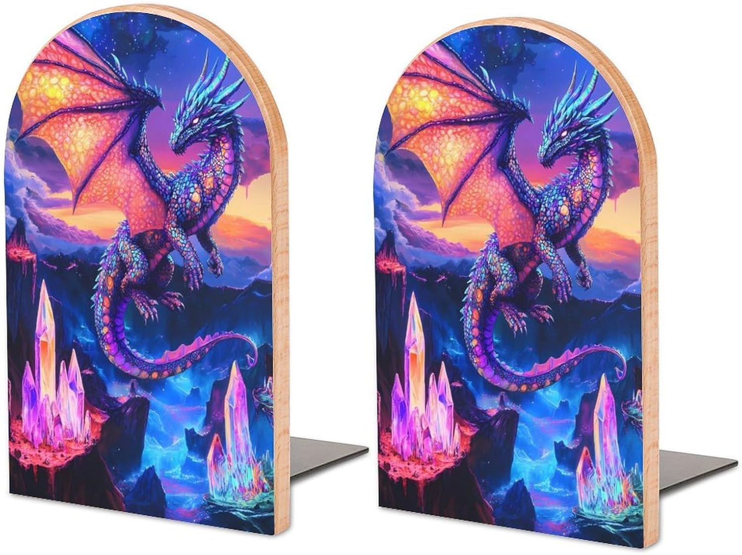Dragon with Vibrant Scales Cute Wood Book Ends Decorative Bookends 1 Pair Non-Skid for Shelves Home Office 7 X 5 Inch