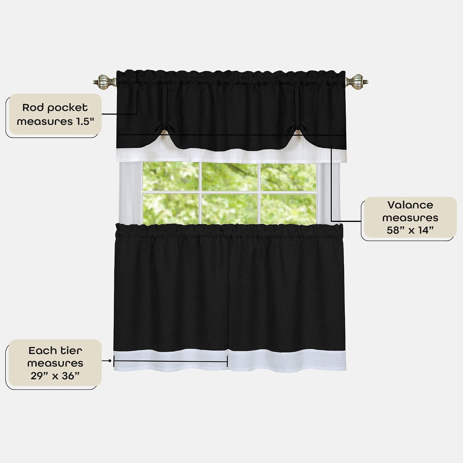 ACHIM Darcy (Black/White) Tier and Valance Window Curtain Set - 58 Inch Width, 36 Inch Length - Light Filtering Drapes for Kitchen, Bedroom, Living & Dining Room Home Decor